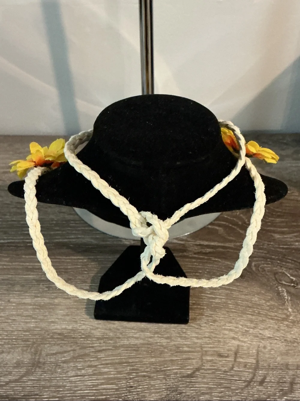 Yellow Daisy Flower Sunflower Headband Necklace Belt 39” Long Faux Braided Suede